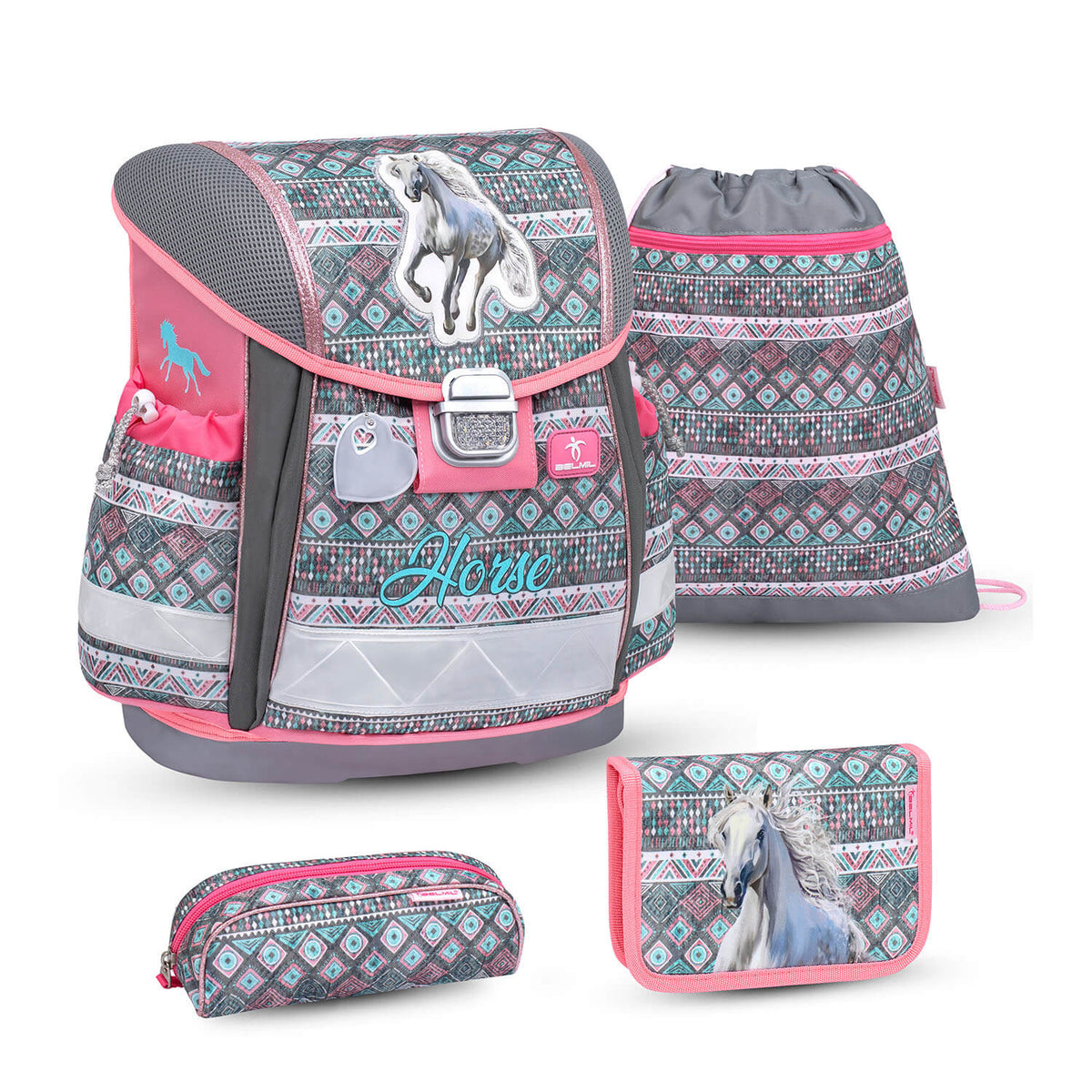 Ergonomic School Bag Set for Girls – Belmil Classy Horse Aruba Blue showing the vibrant design with a playful ethnic-inspired pattern.