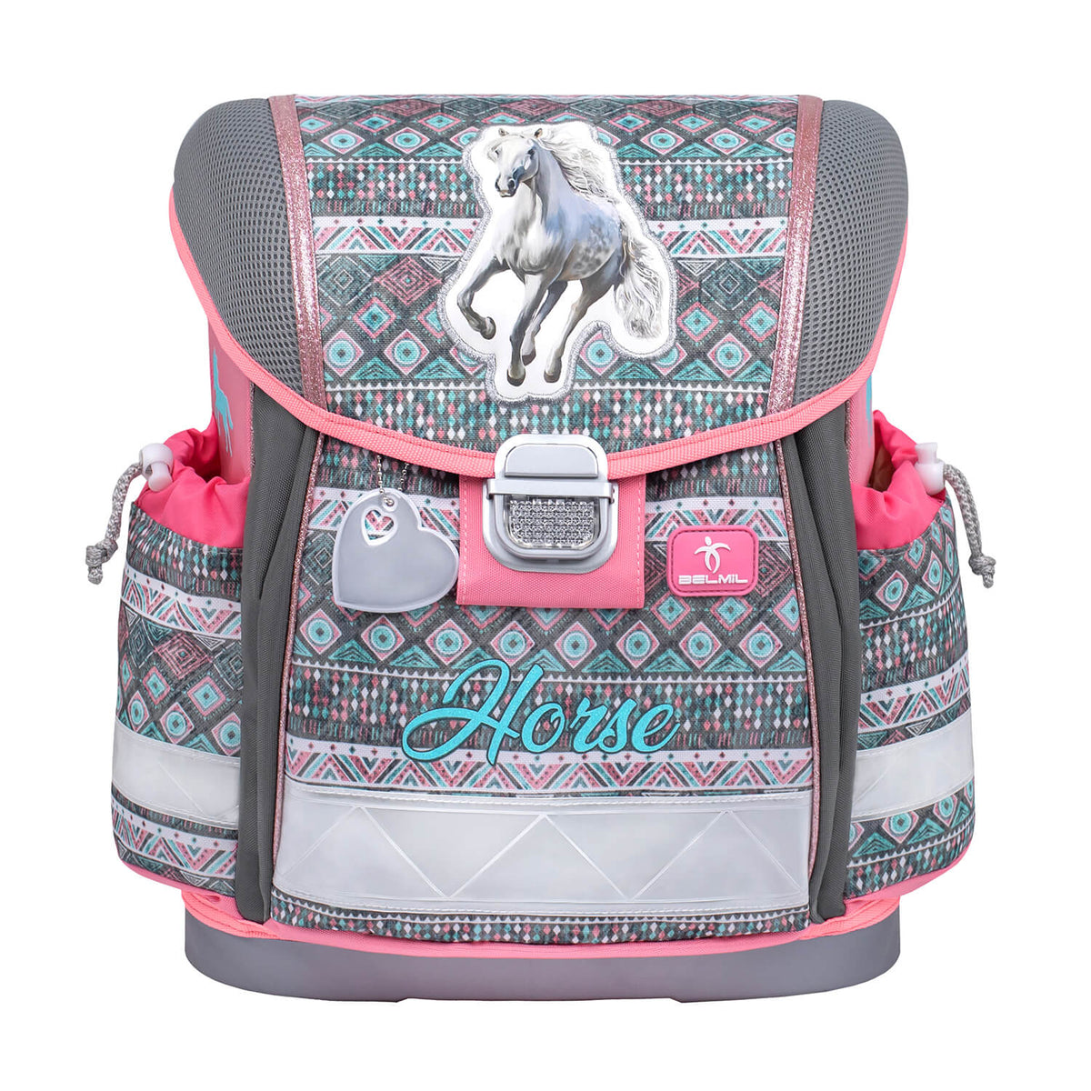 Belmil Ergonomic School Bag Set for Girls 'Horse Aruba Blue' Design + Unicorn Raincoat – 4-Piece Back-to-School Bundle featuring the included gym bag.