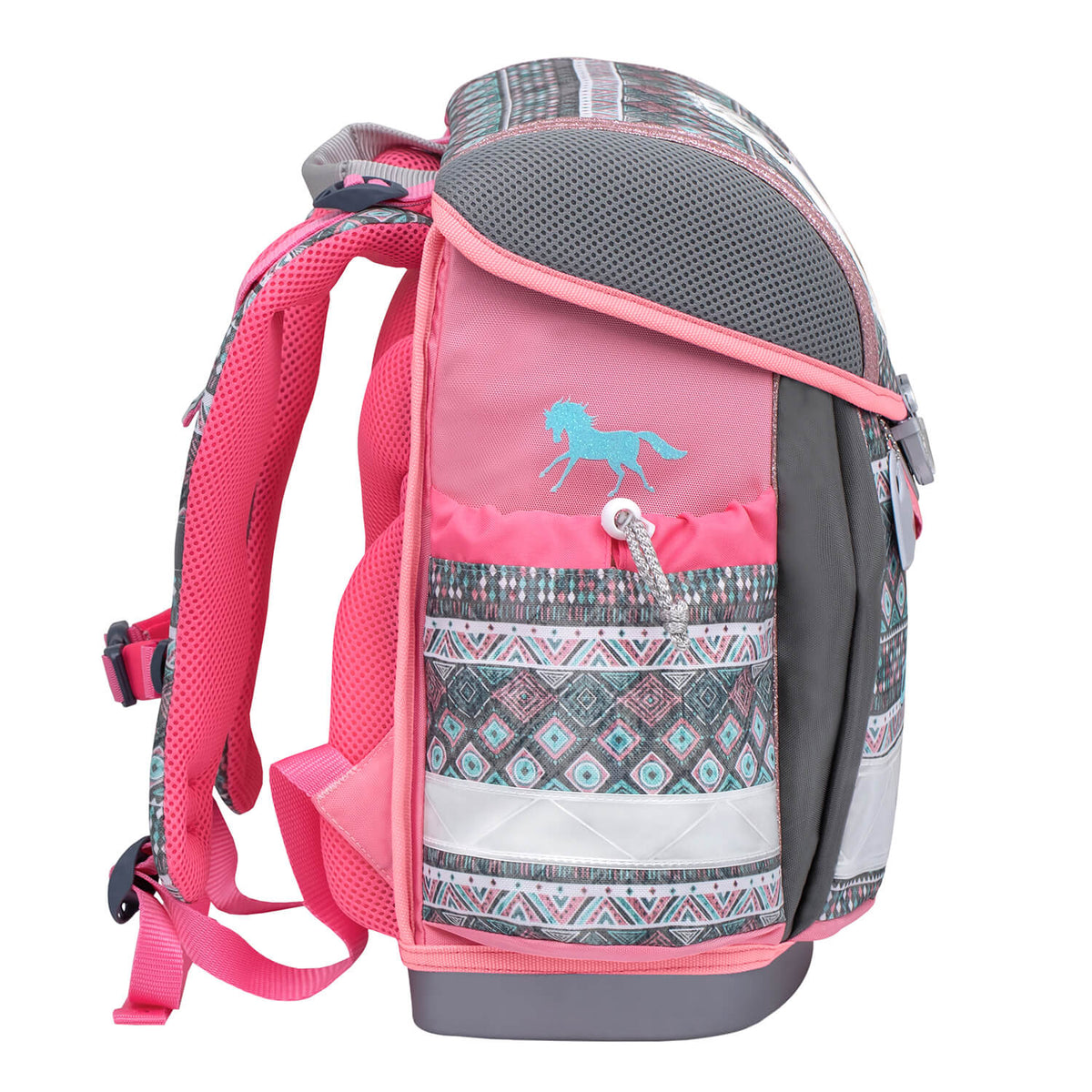The lightweight ergonomic design of the Belmil Ergonomic School Bag Set for Girls 'Horse Aruba Blue' Design + Unicorn Raincoat – 4-Piece Back-to-School Bundle.
