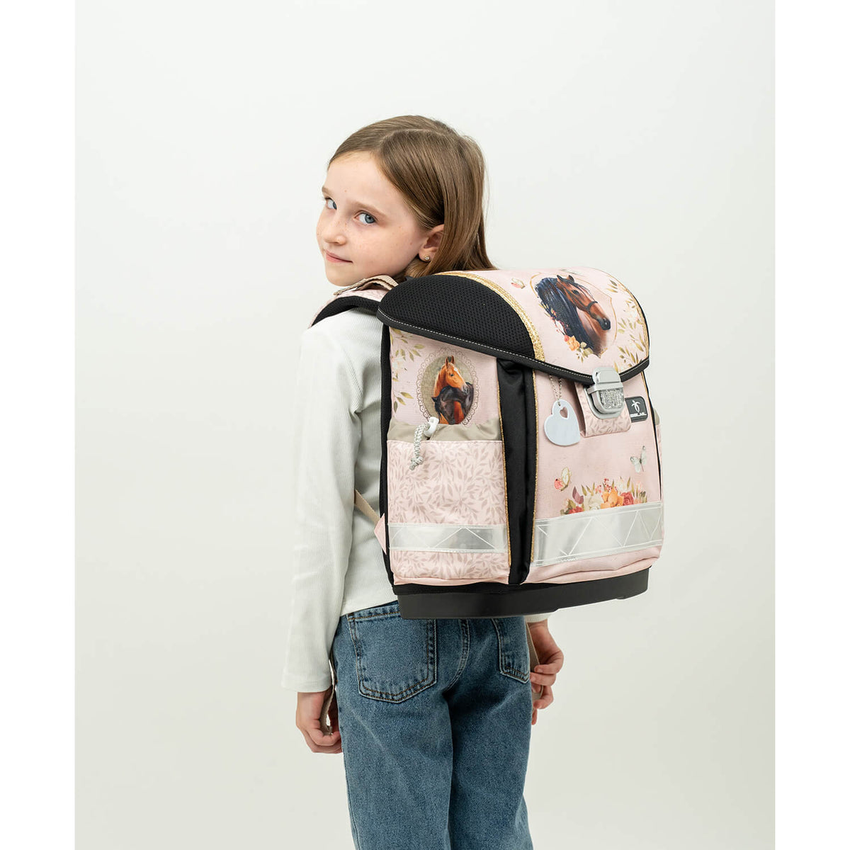 Belmil Classy Ergonomisches Schulranzen-Set für Mädchen „Horse Chestnut“ Design + Unicorn Regenmantel – 5-teiliges Schulstart-Set