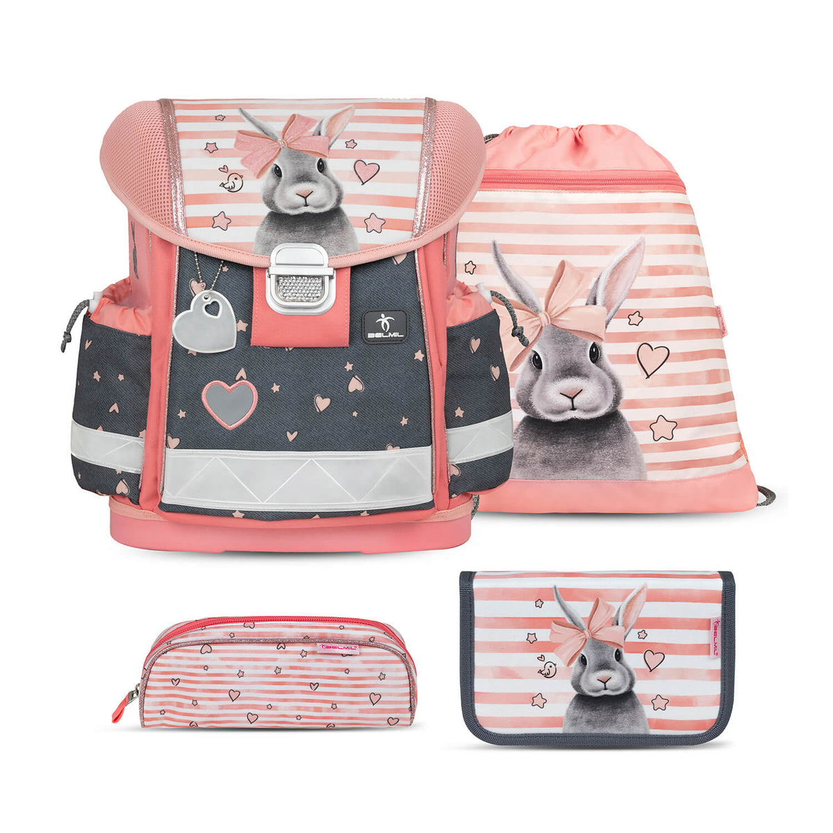 Ergonomic School Bag Set for Girls – Belmil Classy Little Bunnies (4 pcs) featuring an adorable bunny design surrounded by hearts and stars.