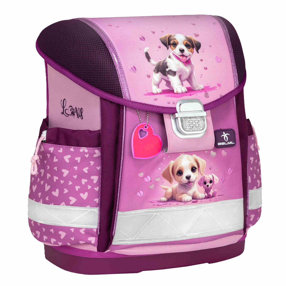 The Ergonomic School Bag Set for Girls – Belmil Classy Little Puppies (5 pcs) includes a cute gym bag and pencil case, featuring adorable puppy designs.