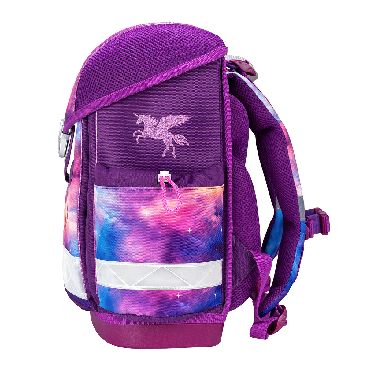 The contents of the Belmil Classy Ergonomic School Bag Set for Girls “Pegasus” Design + Unicorn Raincoat – 5-Piece Back-to-School Bundle, featuring the main school bag, gym bag, and pencil cases.