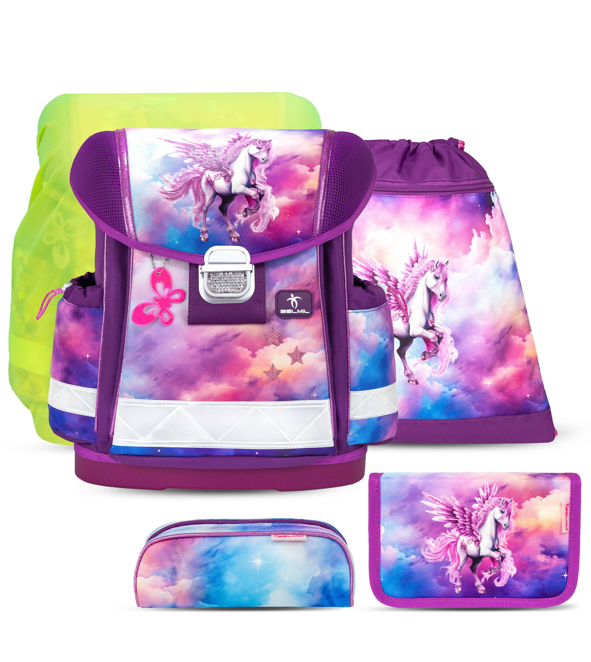The Ergonomic School Bag Set for Girls – Belmil Classy Pegasus (5 pcs) displayed in stylish violet and pink design.