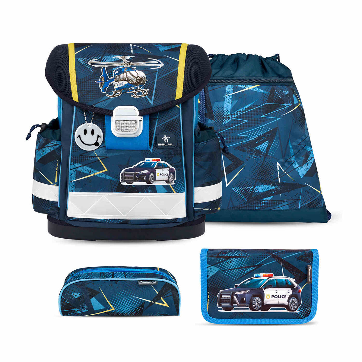 Classy Police schoolbag set 4 pcs featuring an ergonomic design, perfect for first graders. Ergonomic School Bag Set for Boys - Belmil Classy Police (4 pcs).