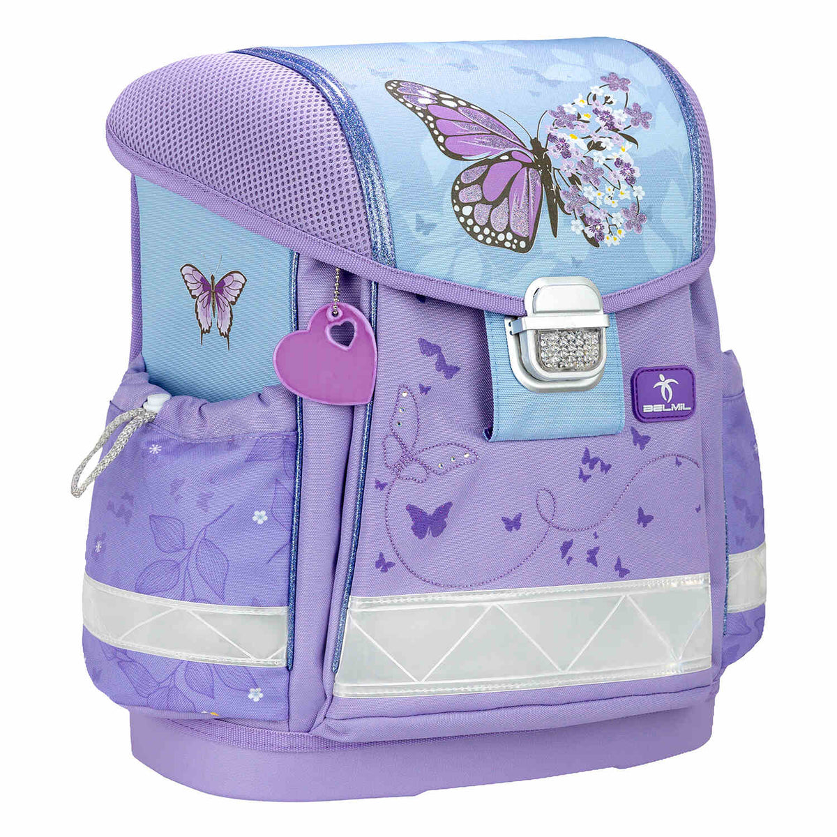 Showcasing the lightweight nature of The Ergonomic School Bag Set for Girls – Belmil Classy Purple Blue Butterfly (5 pcs), weighing only 930-990 grams.