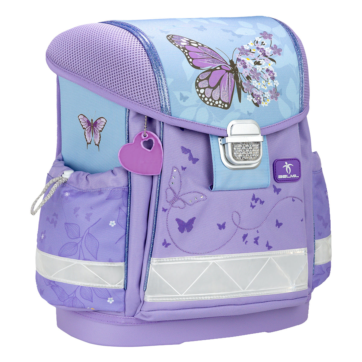 Side view of the Belmil Classy Ergonomic School Bag Set for Girls “Purple Blue Butterfly” Design + Unicorn Raincoat – 4-Piece Back-to-School Bundle showcasing spacious compartments.