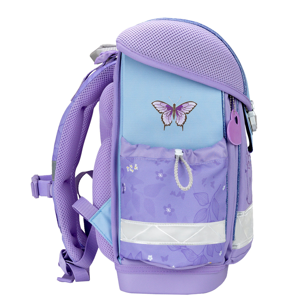 Belmil Classy Ergonomic School Bag Set for Girls “Purple Blue Butterfly” Design + Unicorn Raincoat – 4-Piece Back-to-School Bundle including the drawstring gym bag.