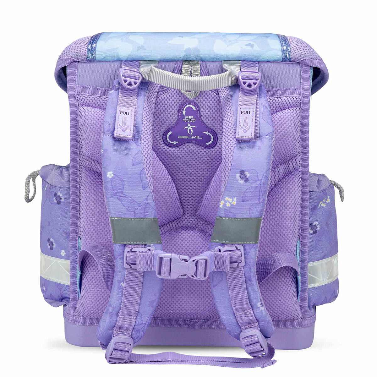 Interior organization of The Ergonomic School Bag Set for Girls – Belmil Classy Purple Blue Butterfly (5 pcs) showcasing multiple compartments.