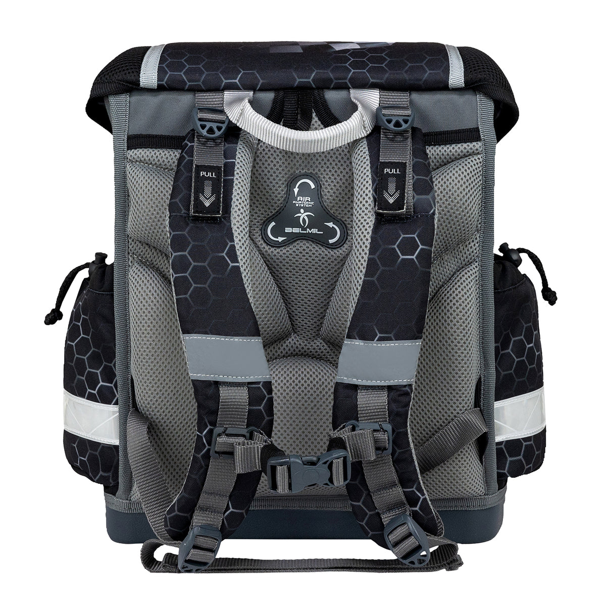 Detail shot of the ergonomic features of the Belmil Classy Ergonomic School Bag Set for Boys “Race it” Design + Dinosaur Raincoat – 5-Piece Back-to-School Bundle showing padded straps and breathable back.