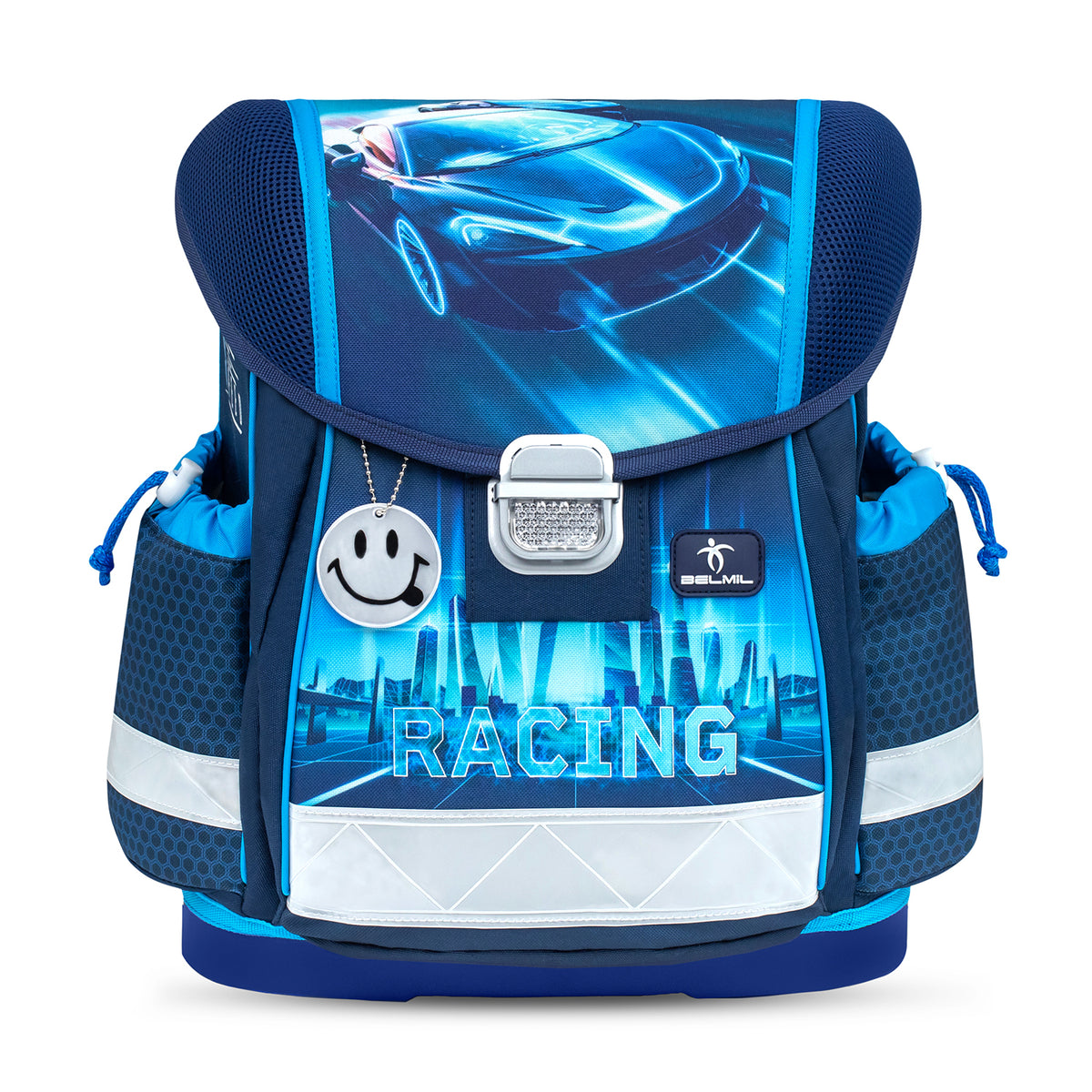 Close-up of the ergonomic features of the Belmil Classy Ergonomic School Bag Set for Boys “Racing Blue Neon” Design + Dinosaur Raincoat – 5-Piece Back-to-School Bundle.