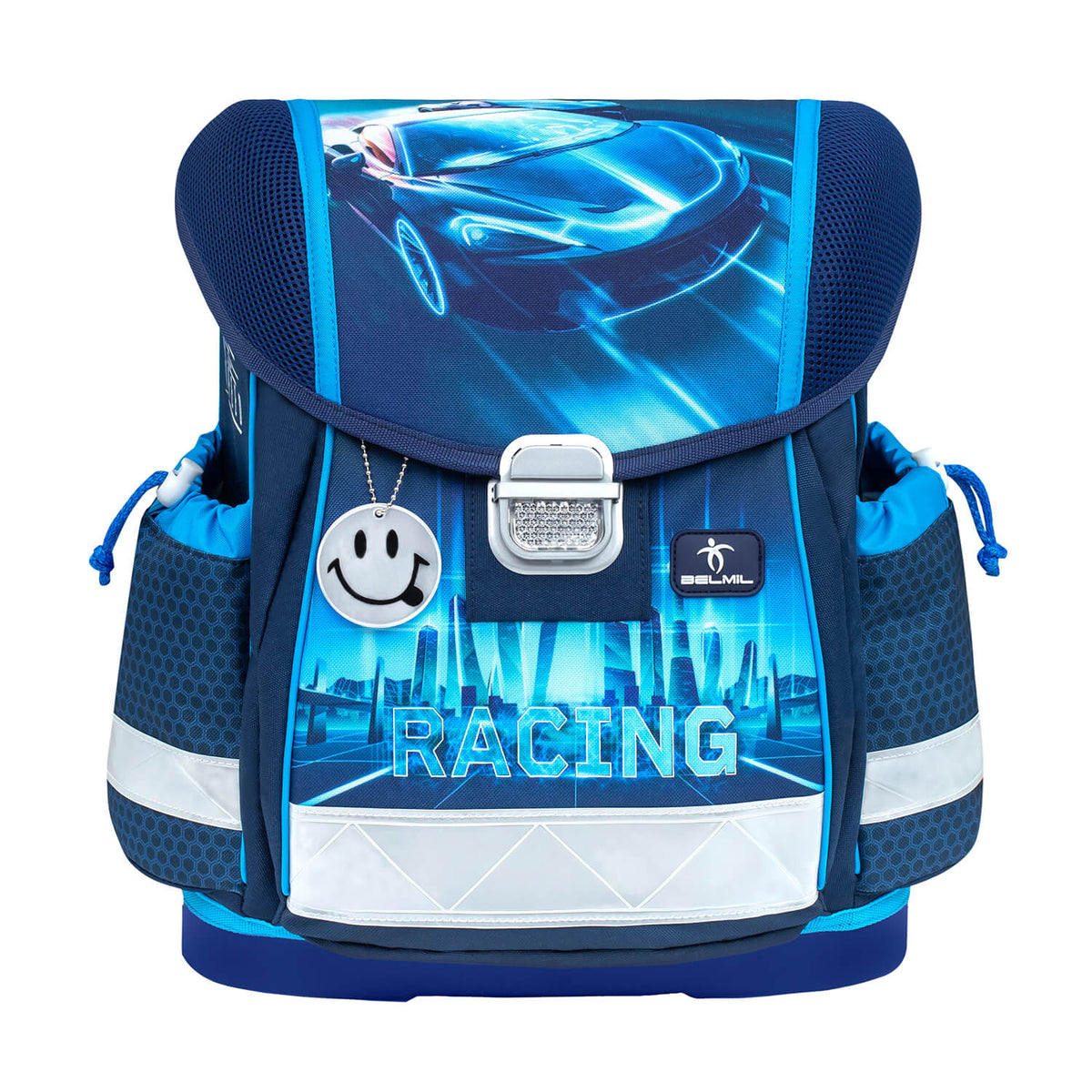 Front view of the Ergonomic School Bag Set for Boys– Belmil Classy Racing Blue Neon (4 pcs) highlighting the dynamic racing design.