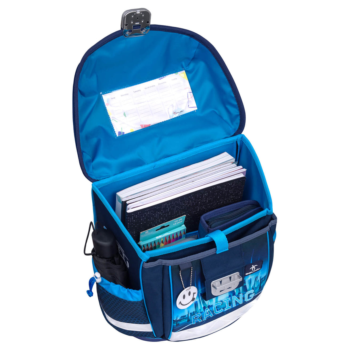Child happily carrying the Ergonomic School Bag Set for Boys– Belmil Classy Racing Blue Neon (4 pcs) on their back.