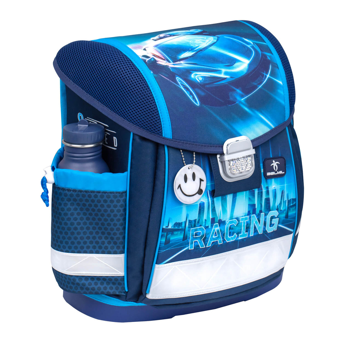 Stylish back design of the Ergonomic School Bag Set for Boys– Belmil Classy Racing Blue Neon (4 pcs) with adjustable straps.