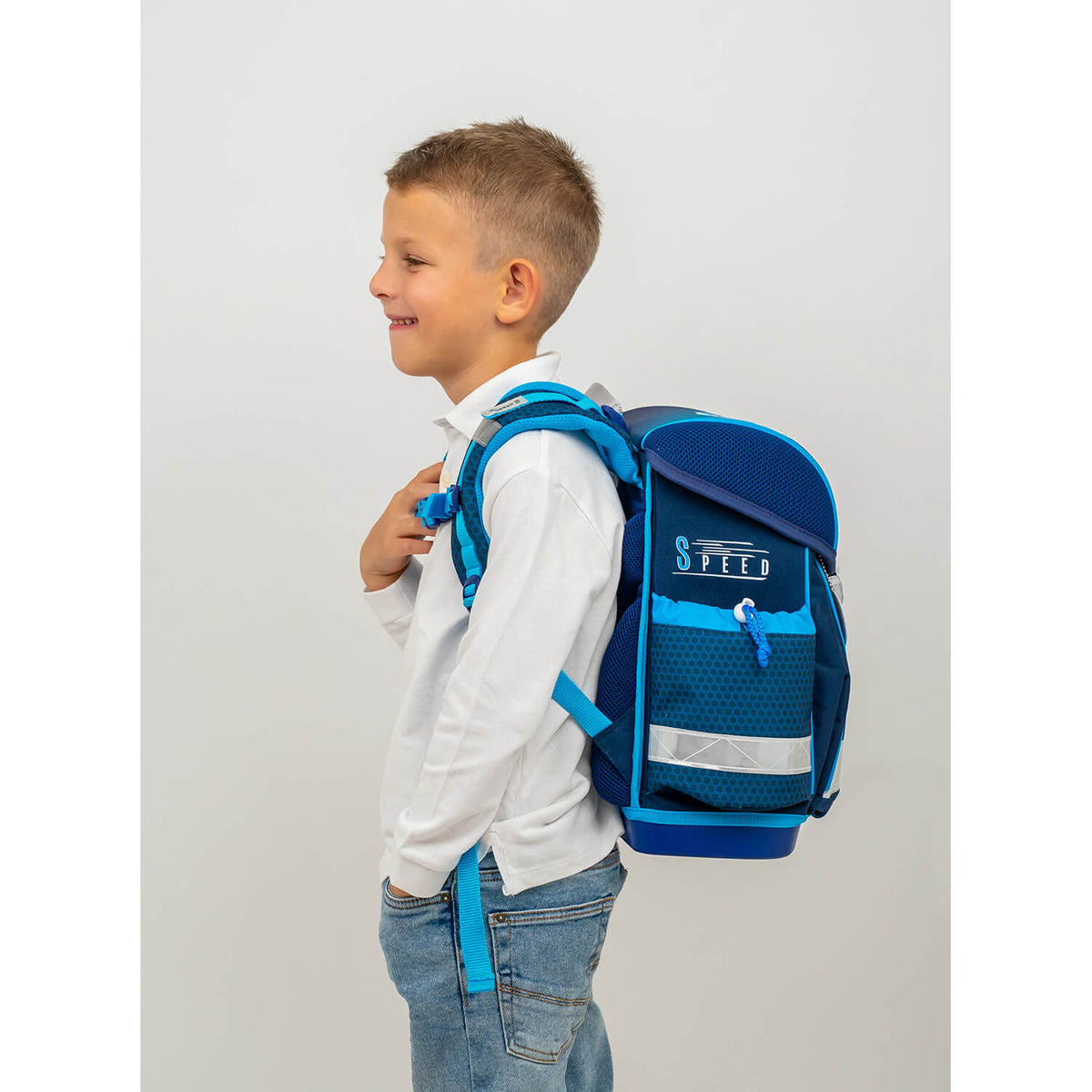 Ergonomic School Bag Set for Boys– Belmil Classy Racing Blue Neon (4 pcs) featuring padded shoulder straps and breathable back padding for comfort.
