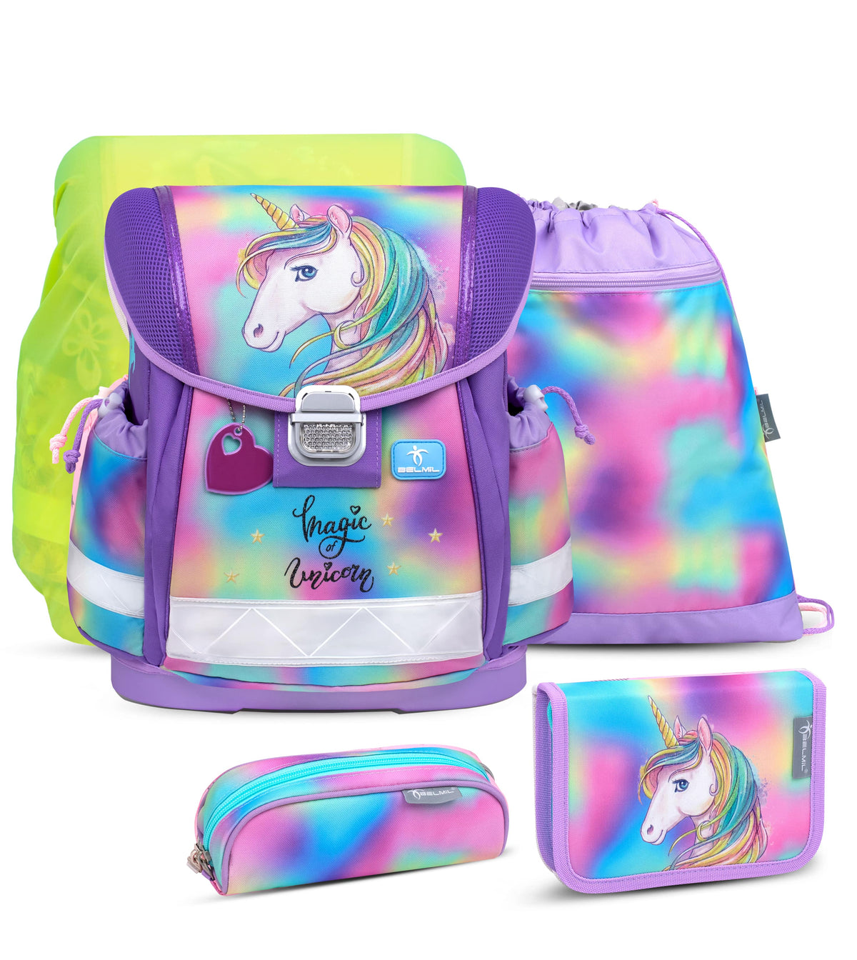 A colorful image of The Ergonomic School Bag Set for Girls – Belmil Classy Rainbow Color (5 pcs) showcasing its vibrant design and ergonomic features.