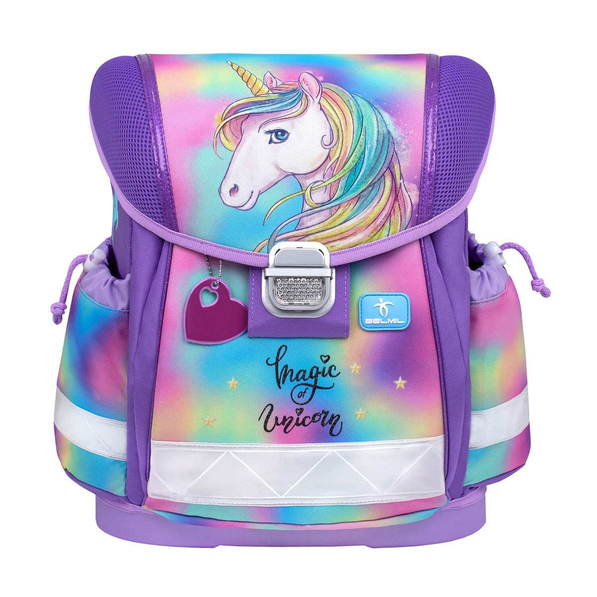 An overview of The Ergonomic School Bag Set for Girls – Belmil Classy Rainbow Color (5 pcs) including the school bag, gym bag, and pencil case.