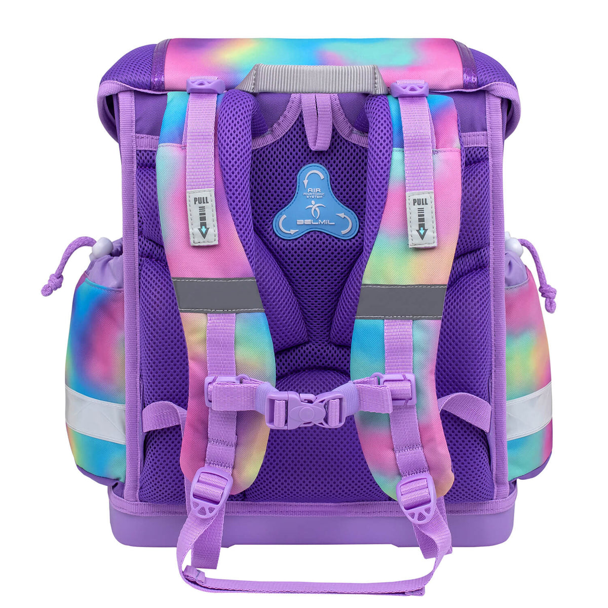 A young girl happily carrying The Ergonomic School Bag Set for Girls – Belmil Classy Rainbow Color (5 pcs) designed for school adventures.