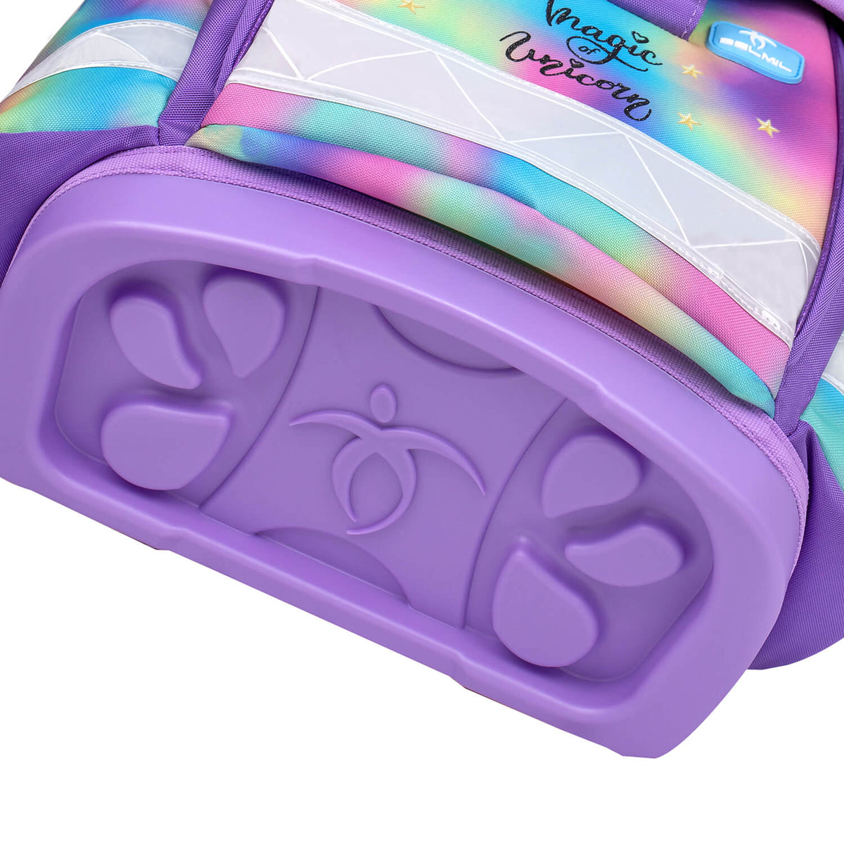 The vibrant design of The Ergonomic School Bag Set for Girls – Belmil Classy Rainbow Color (5 pcs) featuring a unicorn graphic and rainbow colors.