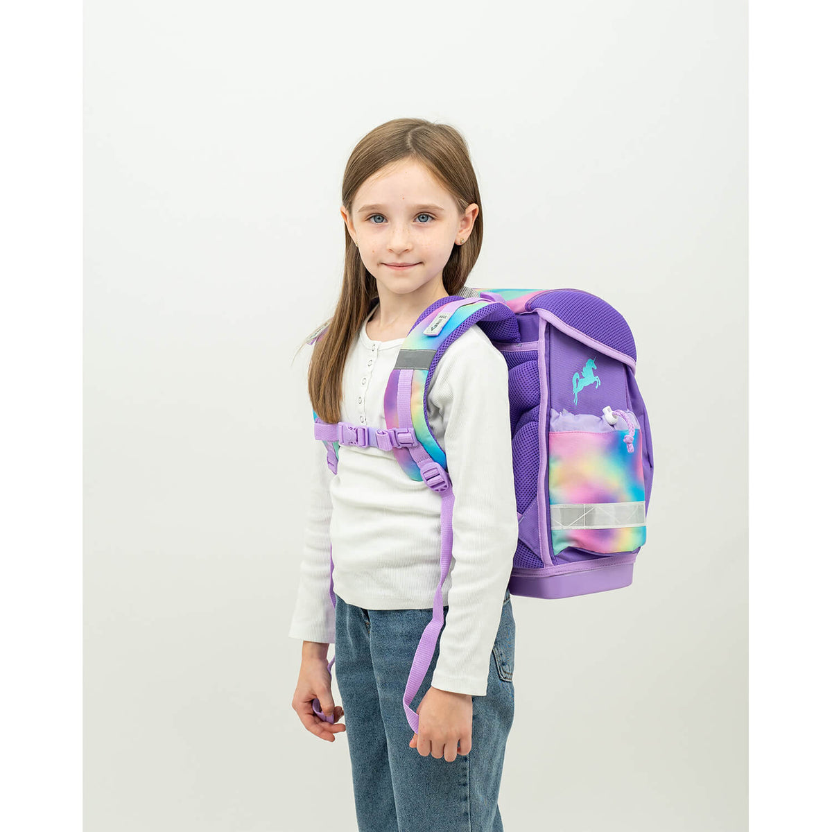 The Ergonomic School Bag Set for Girls – Belmil Classy Rainbow Color (5 pcs) displayed with the breathable back padding highlighting its comfort for first graders.