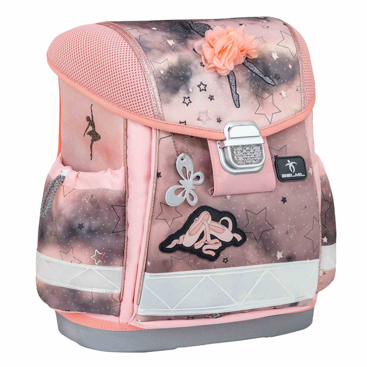 The Ergonomic School Bag Set for Girls – Belmil Classy Rose Ballet (5 pcs) showing the included gym bag and pencil case.