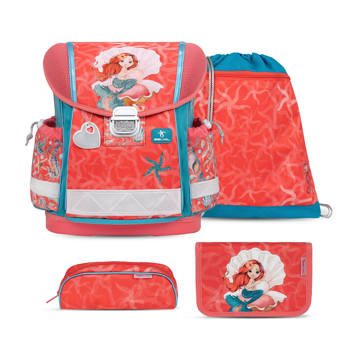 Ergonomic School Bag Set for Girls – Belmil Classy Sea Queen (4 pcs) featuring a vibrant coral design with a charming mermaid.
