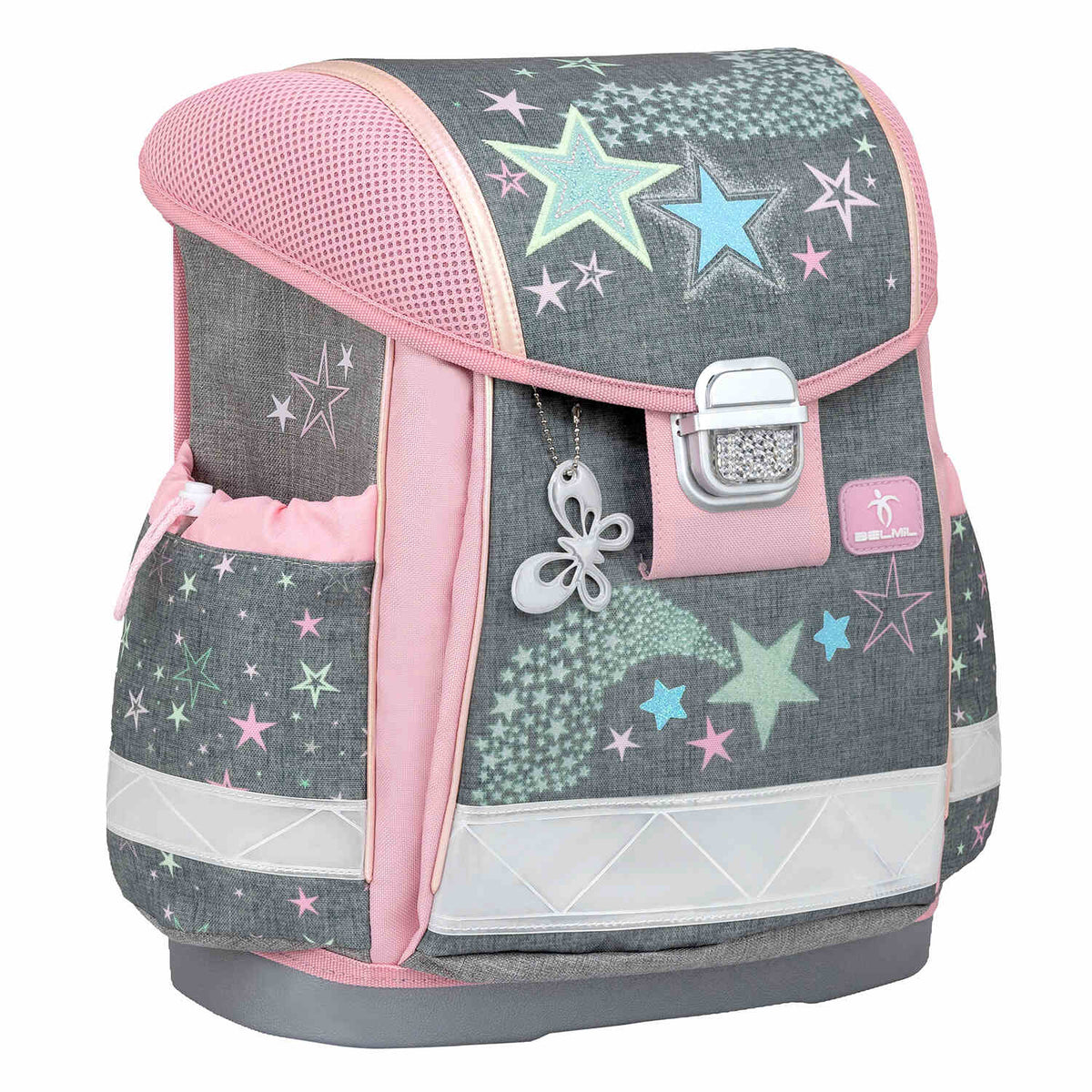 The Ergonomic School Bag Set for Girls – Belmil Classy Shine Bright (5 pcs) showing the light-weight design with multiple compartments and organized interior.