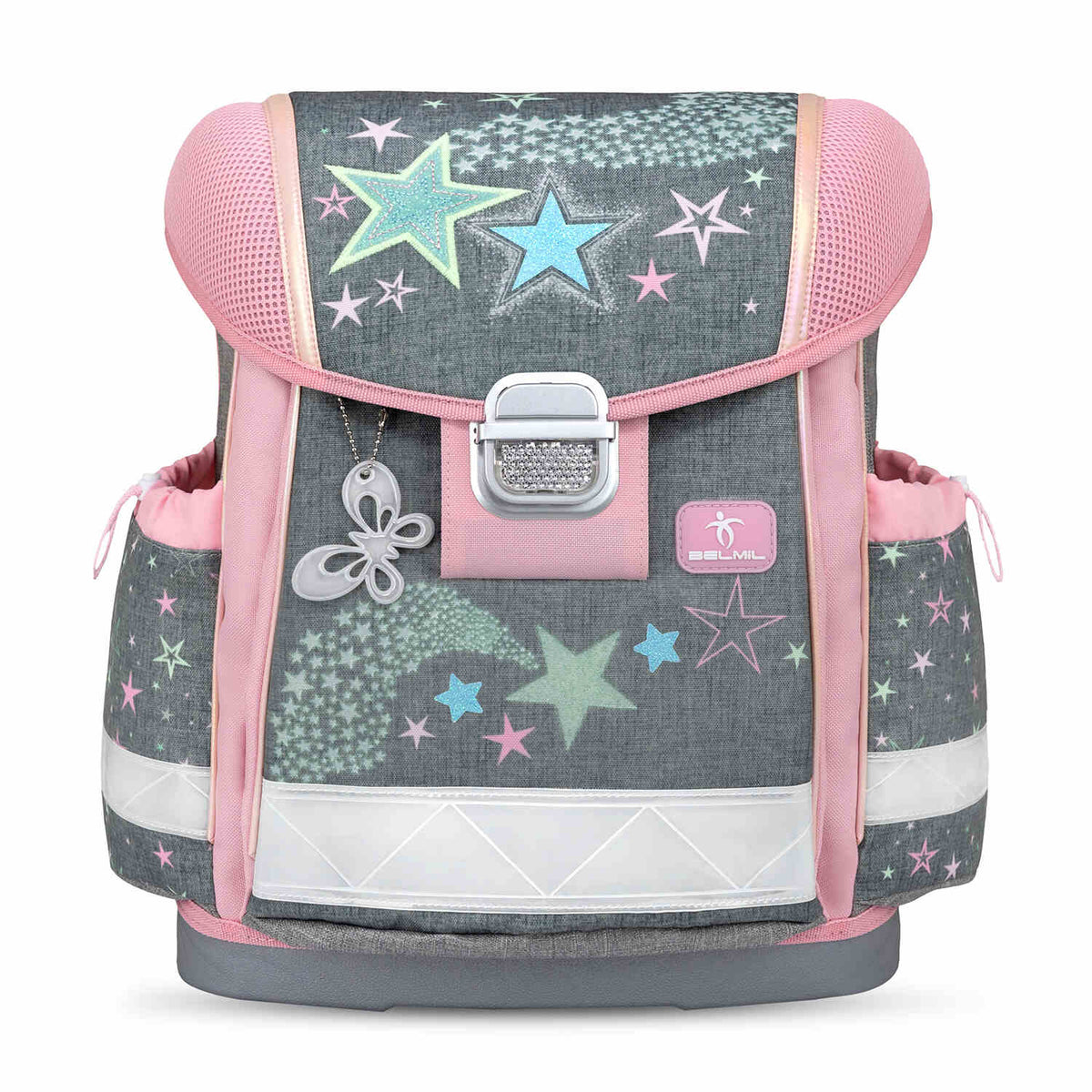 The Ergonomic School Bag Set for Girls – Belmil Classy Shine Bright (5 pcs) featuring a child-friendly metal buckle and reflective details for safety.