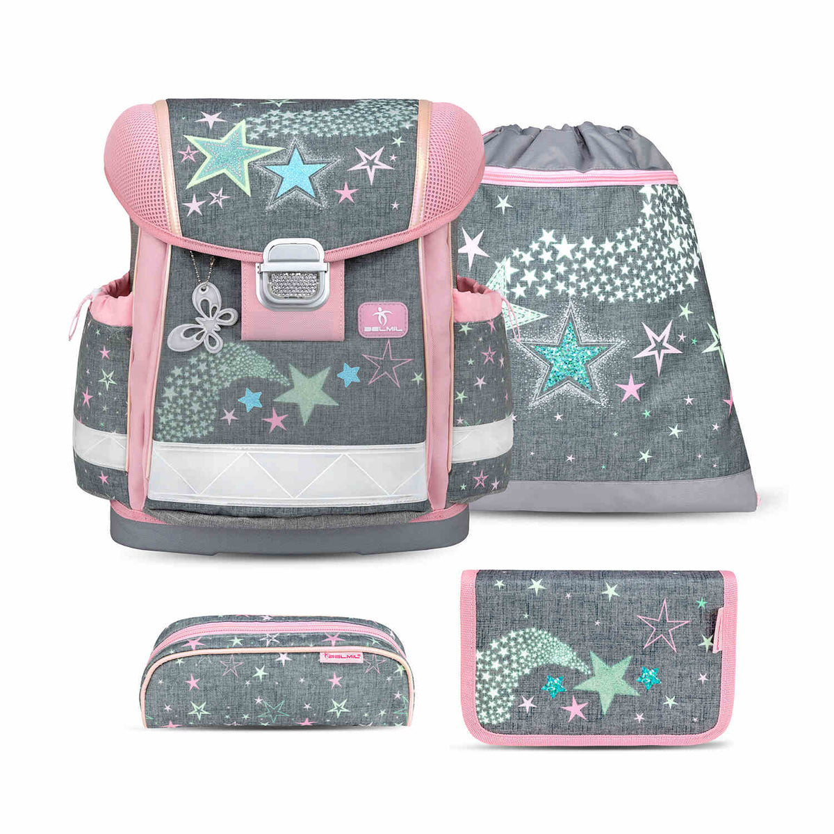 Ergonomic School Bag Set for Girls – Belmil Classy Shine Bright (4 pcs) featuring a stylish grey-pink design with pastel stars.