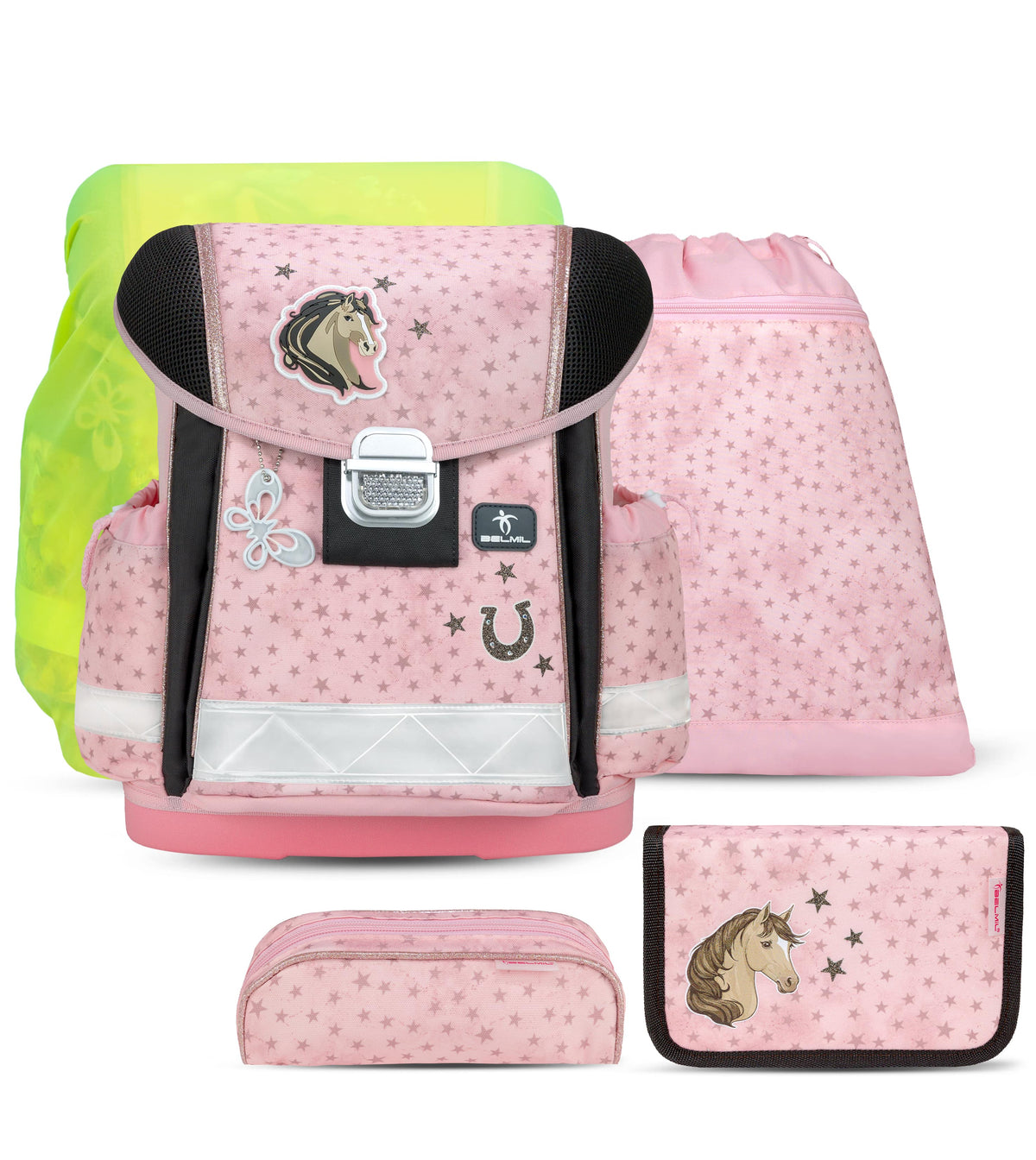 The Ergonomic School Bag Set for Girls – Belmil Classy Star Horses (5 pcs) featuring a beautiful horse motif on a pink background.