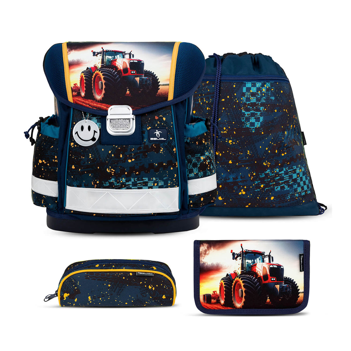 Ergonomic School Bag Set for Boys– Belmil Classy Tractron (4 pcs) showcasing the trendy tractor design with vibrant colors.