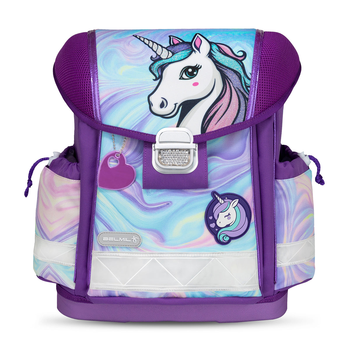 The Belmil Classy Ergonomic School Bag Set for Girls “Unicorn Dream” includes accessories like a drawstring gym bag and pencil cases, all matching the enchanting unicorn theme.