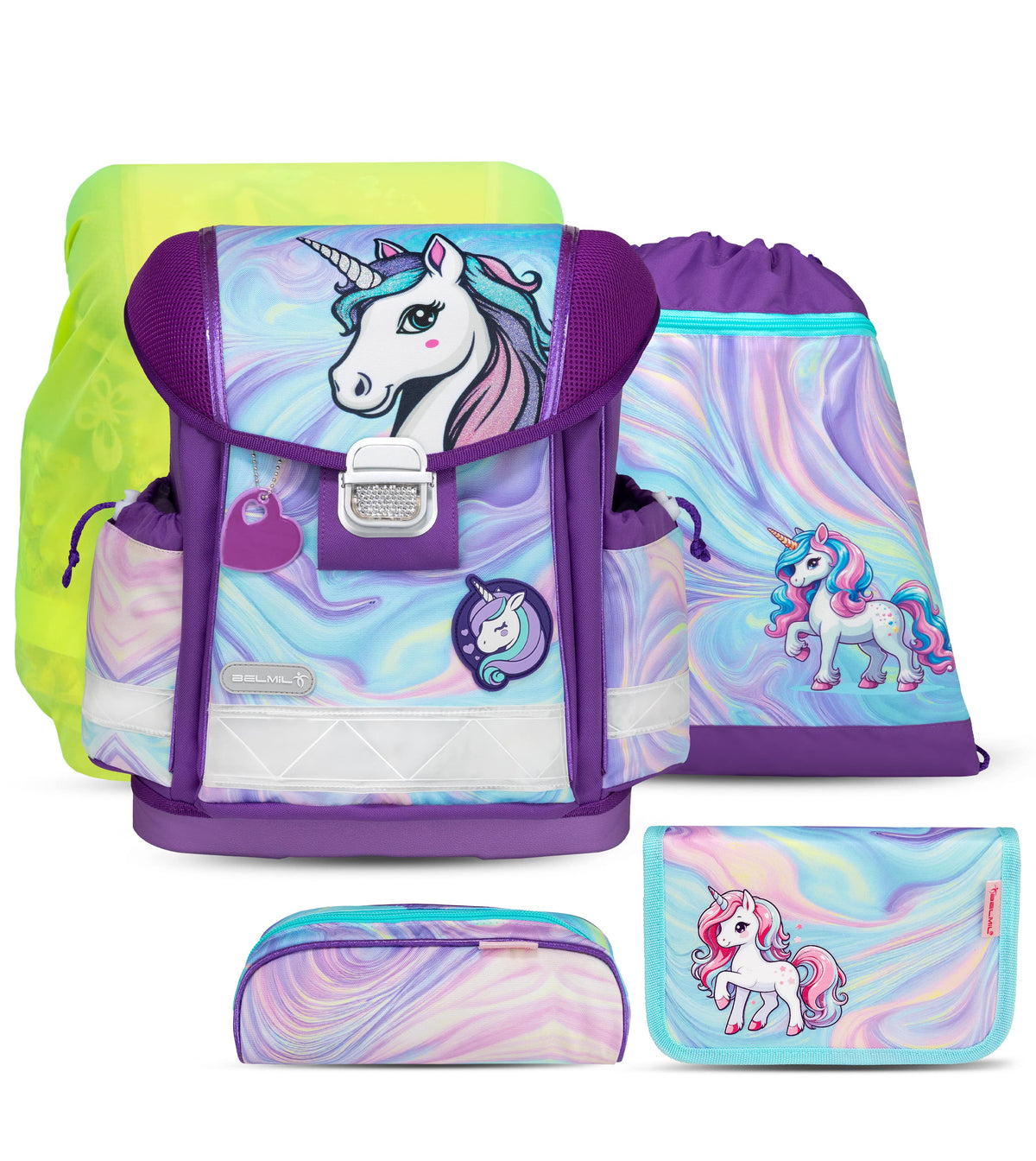 The Ergonomic School Bag Set for Girls – Belmil Classy Unicorn Dream (5 pcs) featuring a colorful unicorn design.