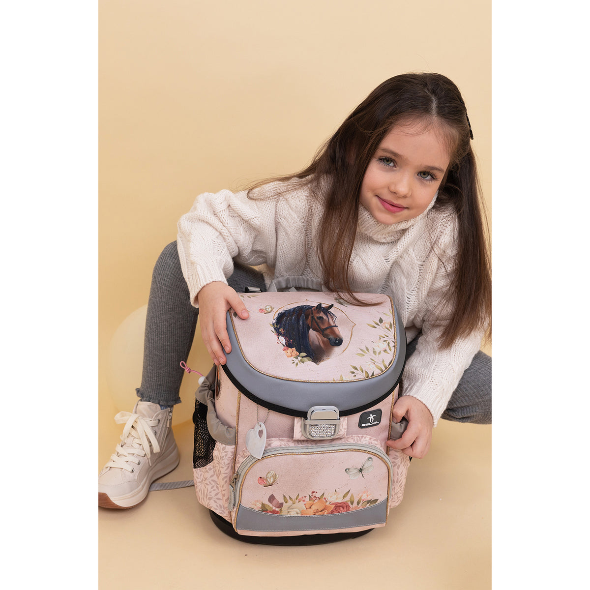 Belmil Mini-Fit Horse Chestnut schoolbag set 4 pcs with adjustable chest and shoulder straps, ideal for first graders – Ergonomic School Bag Set for Girls – Belmil Mini-Fit Horse Chestnut (4 pcs).