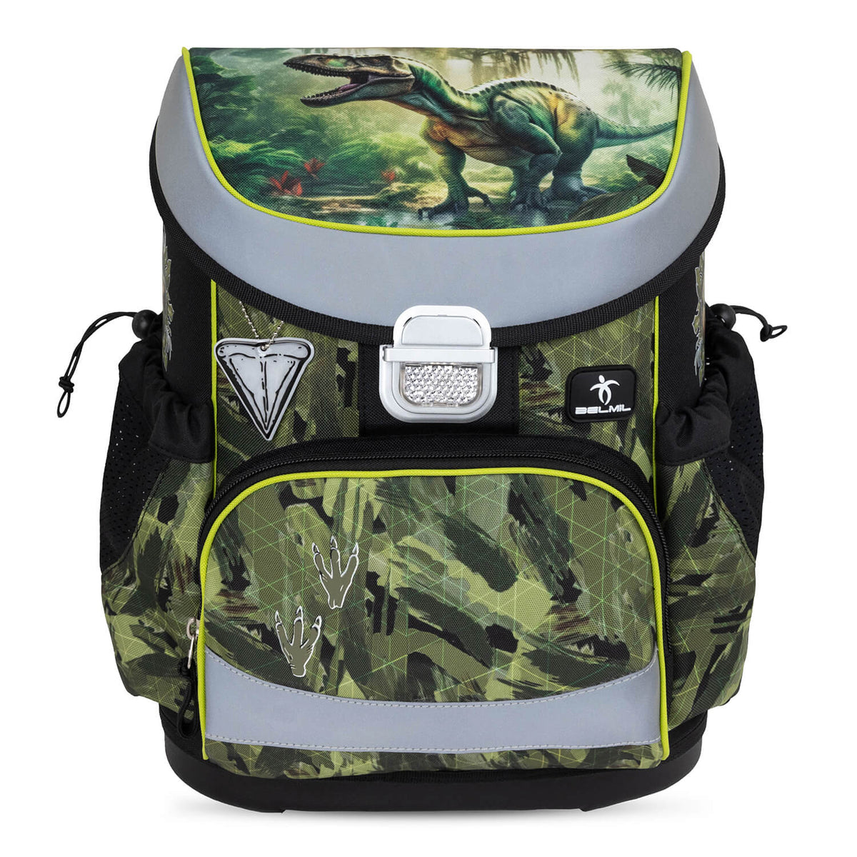 The sleek interior layout of the Belmil Mini-Fit Ergonomic School Bag Set for Boys “Lost World” Design + Dinosaur Raincoat – 5-Piece Compact and Back-Friendly School Starter Set featuring handy side pockets.
