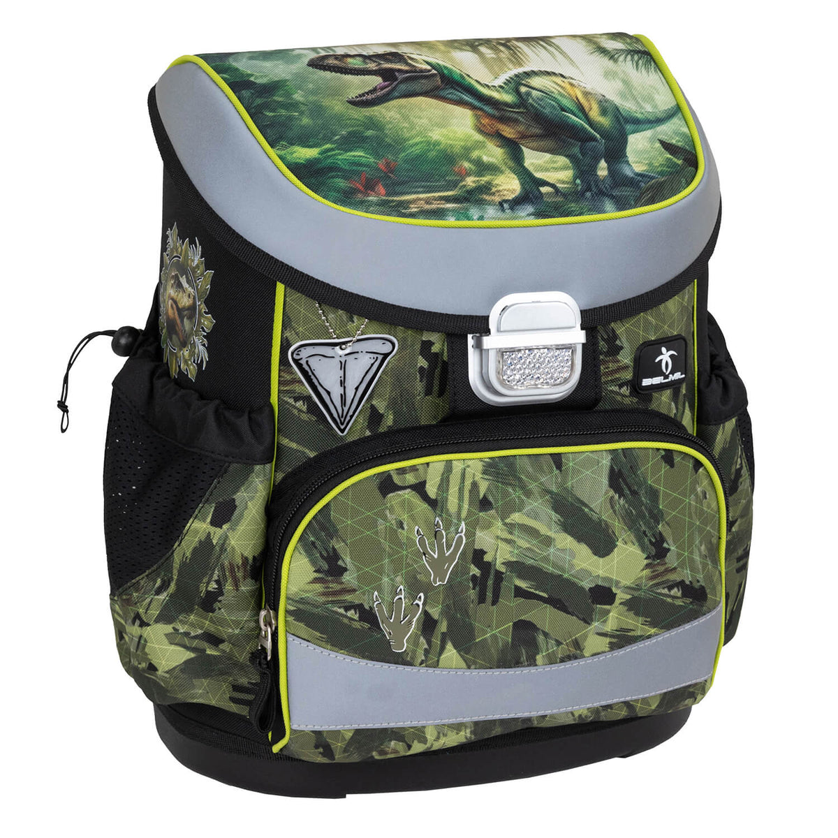 Close-up of the reflective metal buckle of the Belmil Mini-Fit Ergonomic School Bag Set for Boys “Lost World” Design + Dinosaur Raincoat – 5-Piece Compact and Back-Friendly School Starter Set ensuring safety.