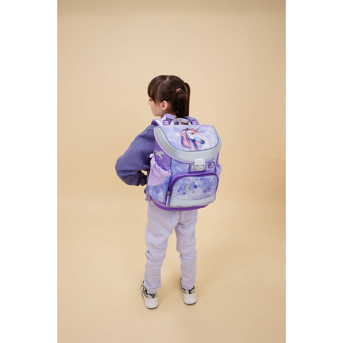 Close-up of the Ergonomic School Bag Set for Girls – Belmil Mini-Fit Mistyc Luna (4 pcs) showing adjustable straps and reflective features.