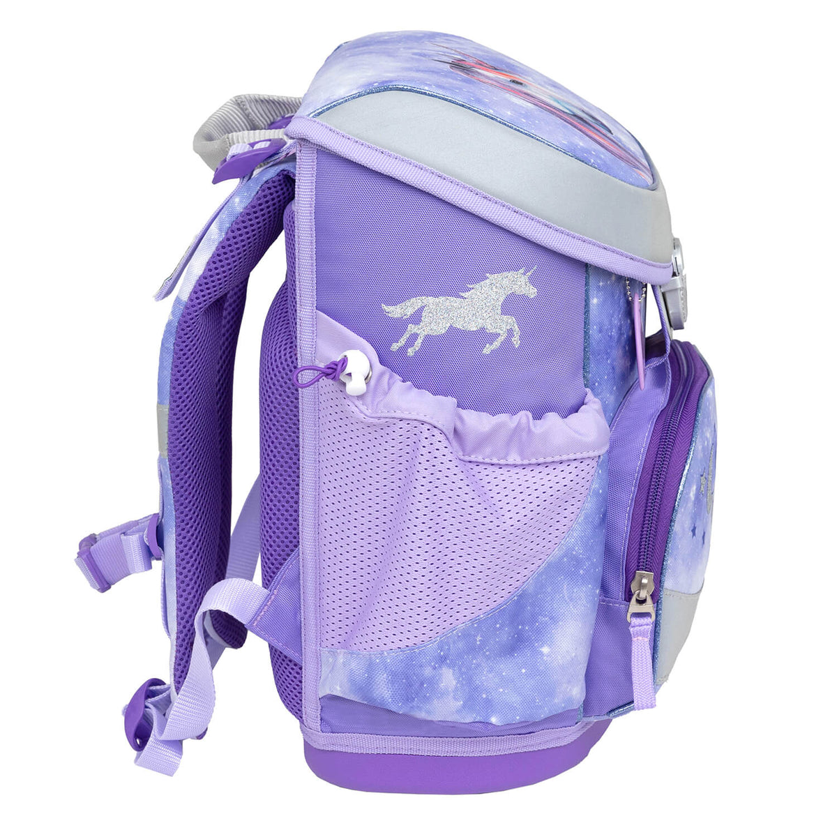 Side view of the Ergonomic School Bag Set for Girls – Belmil Mini-Fit Mistyc Luna (4 pcs) showcasing side pockets and pencil case.