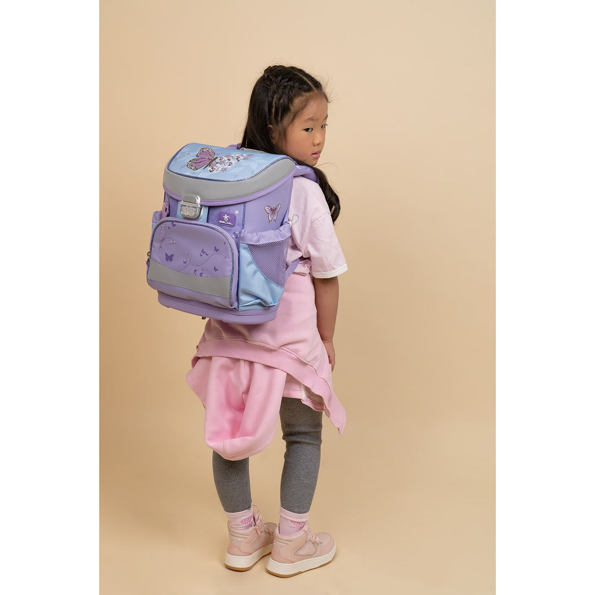 Belmil Mini-Fit Ergonomic School Bag Set “Purple Blue Butterfly” + Unicorn Raincoat – 5-Piece Compact and Comfortable School Starter Set for Girls