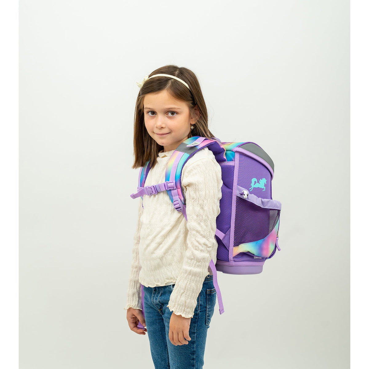 Belmil Mini-Fit Ergonomisches Schulranzen-Set „Rainbow Color“ Design + Einhorn-Regenmantel – 5-teiliges kompaktes und bequemes Set für Mädchen