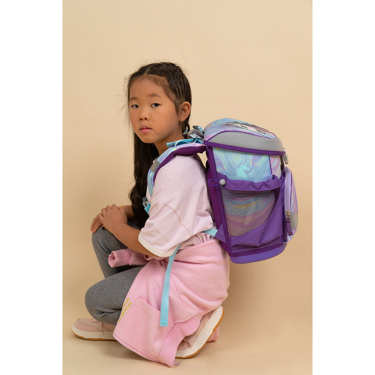 Spacious interior of the Ergonomic School Bag Set for Girls – Belmil Mini-Fit Unicorn Dream (4 pcs) with multiple compartments.