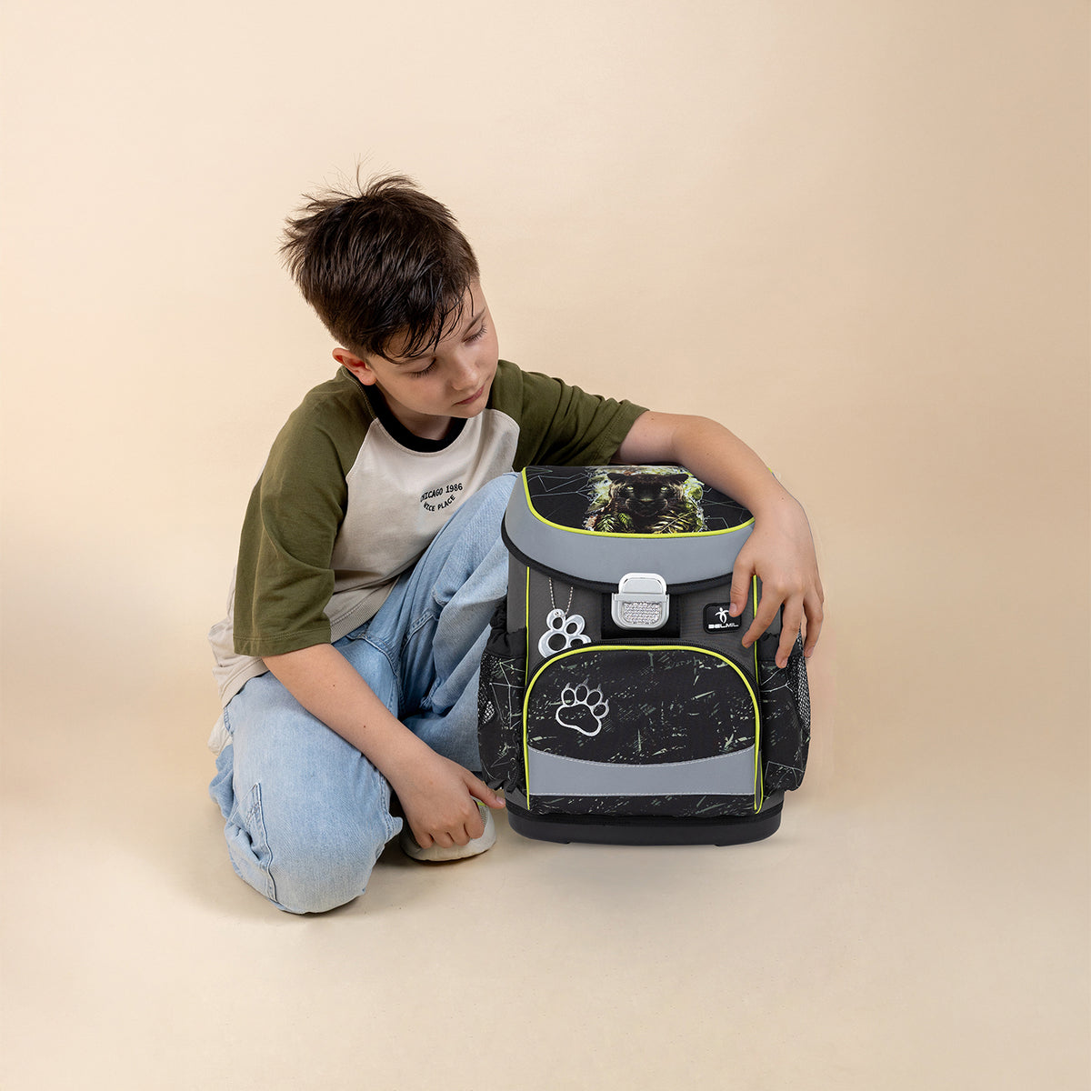 Belmil Mini-Fit Ergonomic School Bag Set “Black Panther" + Dinosaur Raincoat – 5-Piece Compact and Comfortable School Starter Set for Boys