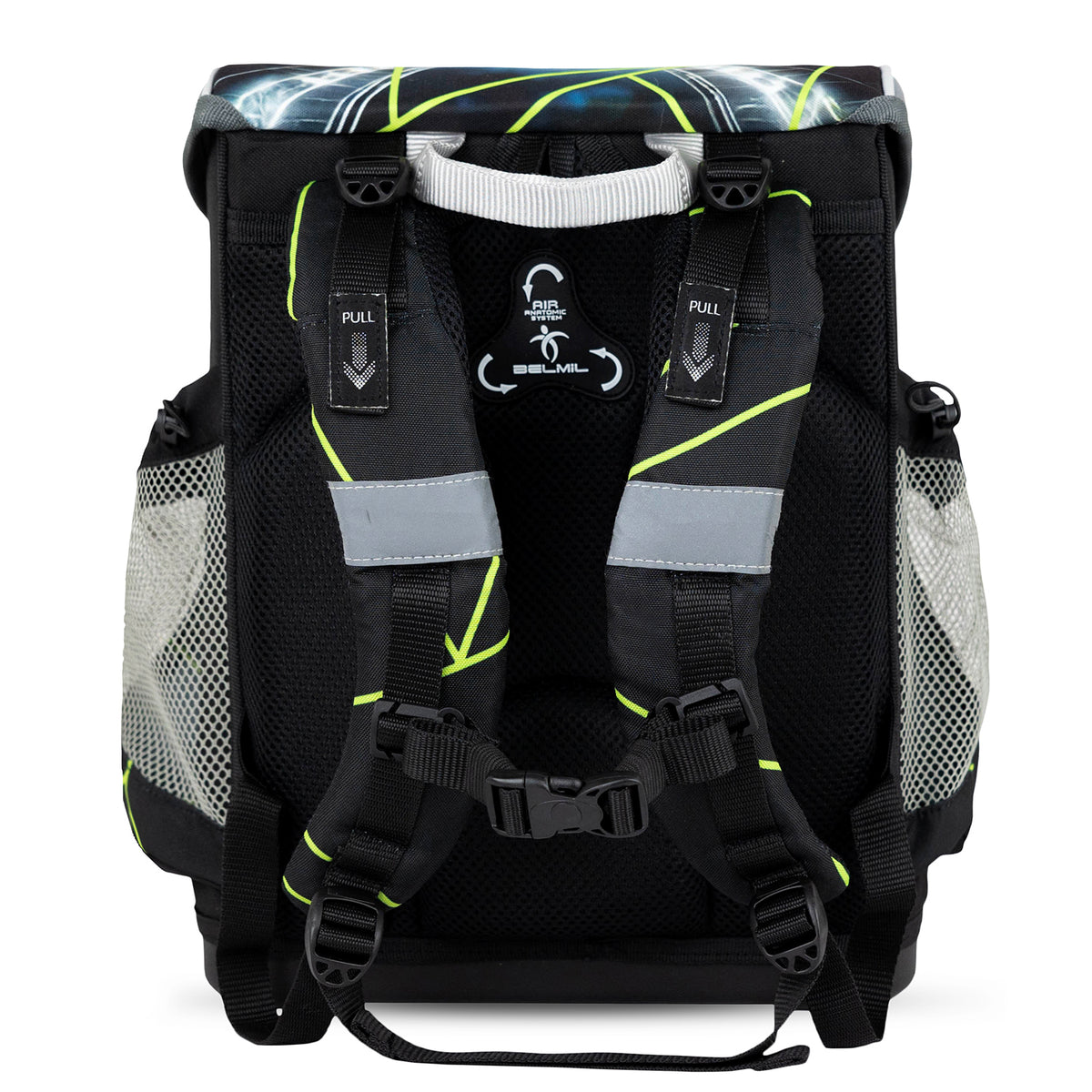 Safety features of the Ergonomic School Bag Set for Boys – Belmil Mini-Fit Champion's Kick (4 pcs) including reflective elements and secure metal buckle.