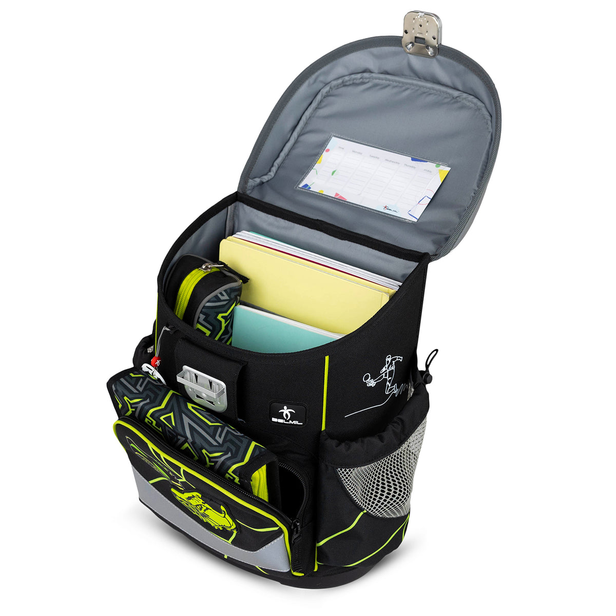 Interior compartments of the Ergonomic School Bag Set for Boys – Belmil Mini-Fit Champion's Kick (4 pcs) designed to keep kids organized.