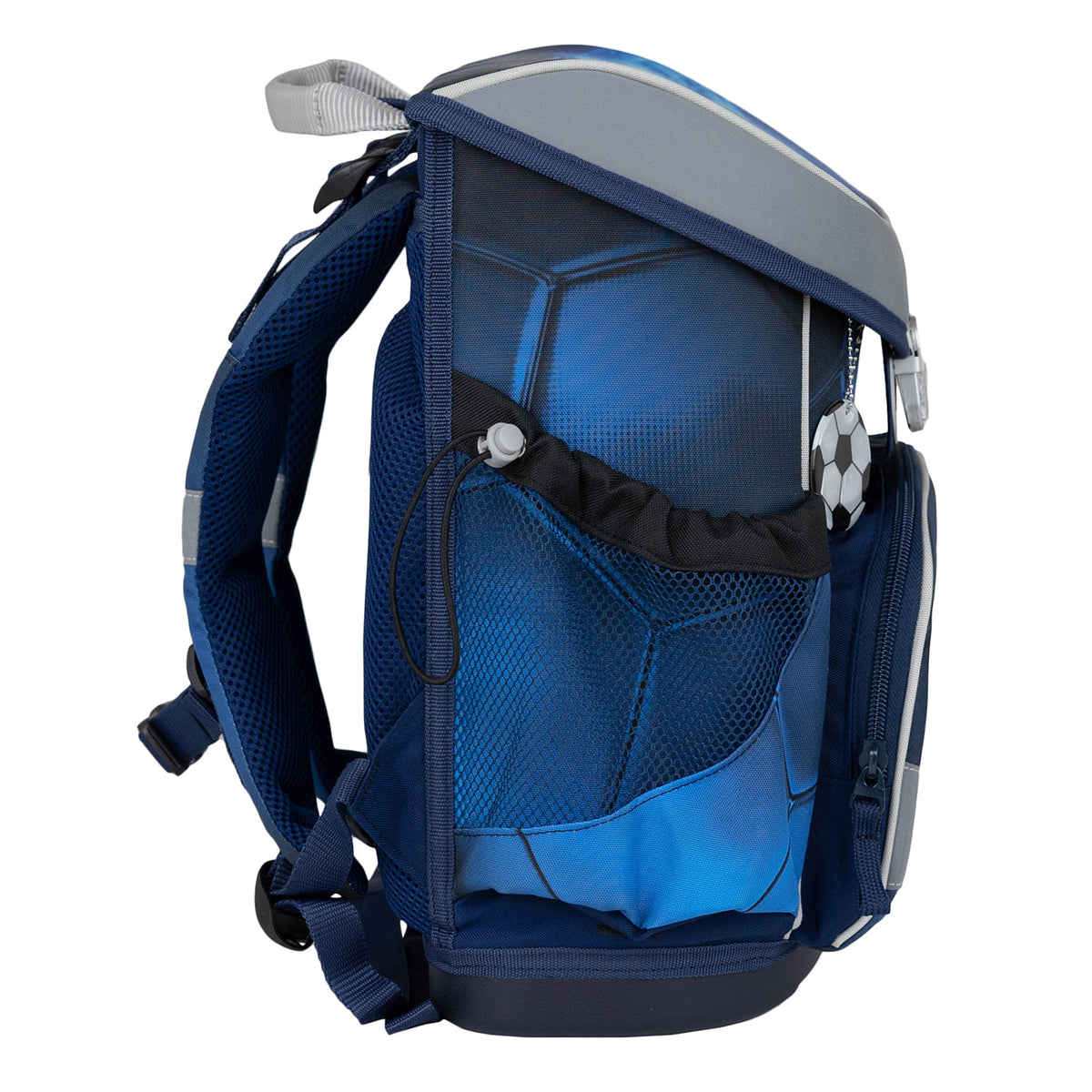 Detailed view of the Belmil Mini-Fit Ergonomic School Bag Set 'Football 4' highlighting its smart interior layout, perfect for young boys in this 5-Piece Compact and Comfortable School Starter Set.