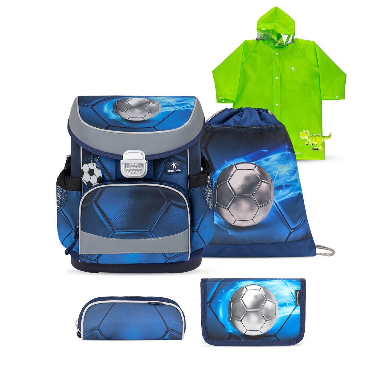 Belmil Mini-Fit Ergonomic School Bag Set 'Football 4' + Dinosaur Raincoat – 5-Piece Compact and Comfortable School Starter Set for Boys showcasing sleek design and functionality.