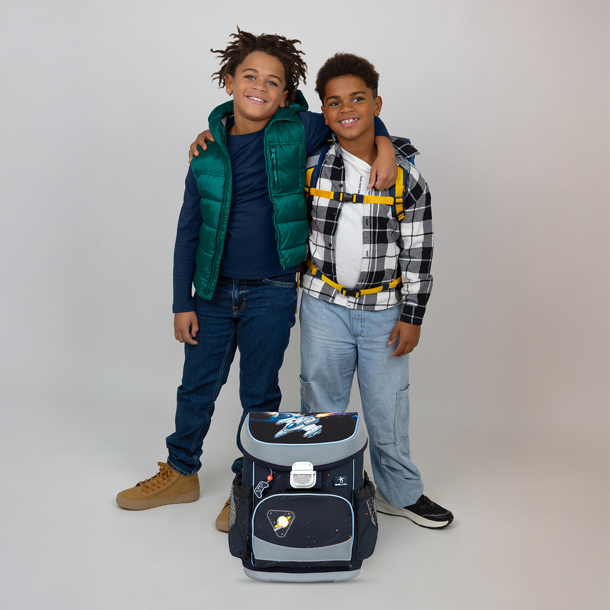 Belmil Mini-Fit Ergonomic School Bag Set “Orion" + Dinosaur Raincoat – 5-Piece Compact and Comfortable School Starter Set for Boys