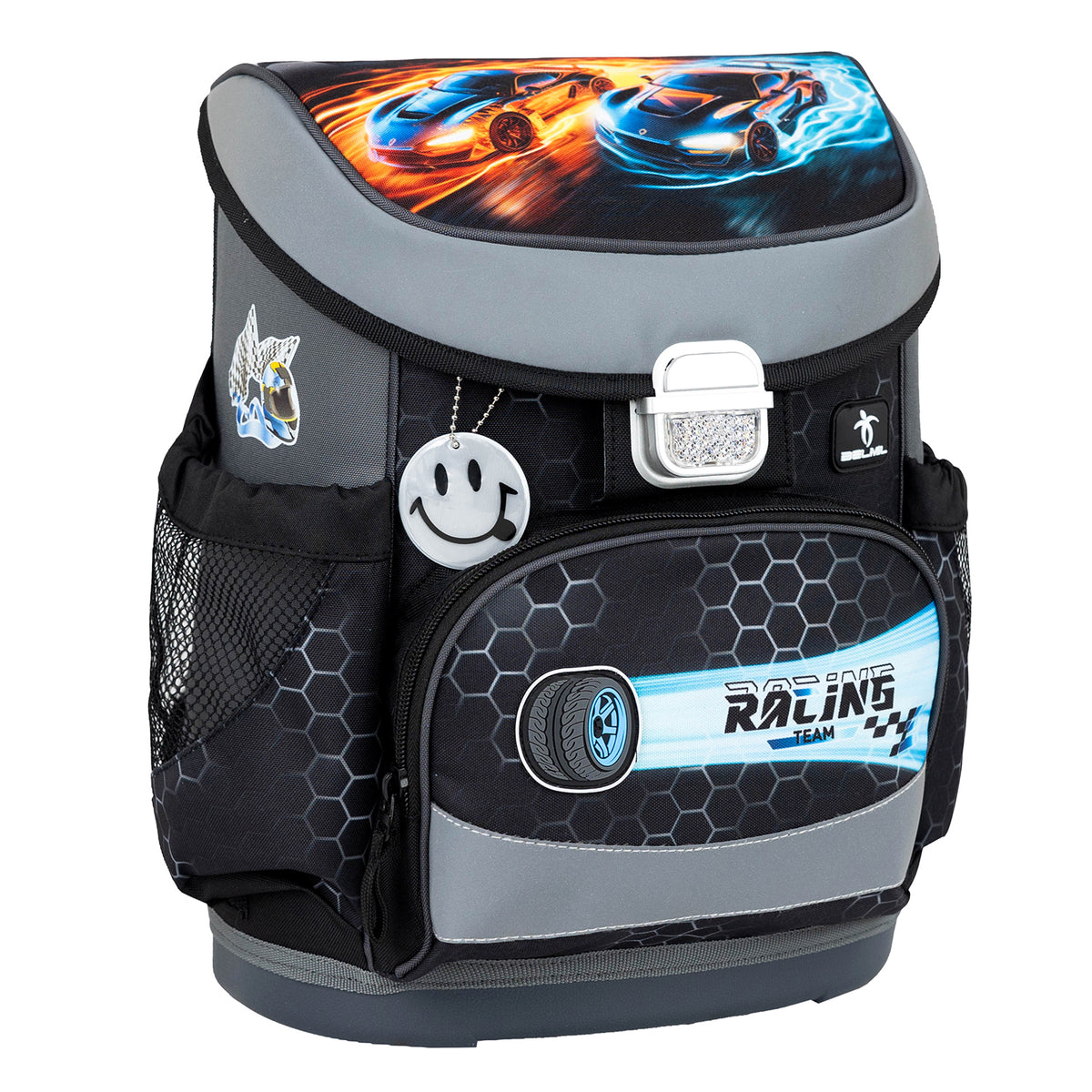 Side profile of the Ergonomic School Bag Set for Boys – Belmil Mini-Fit Race It (4 pcs), featuring adjustable straps for comfort.