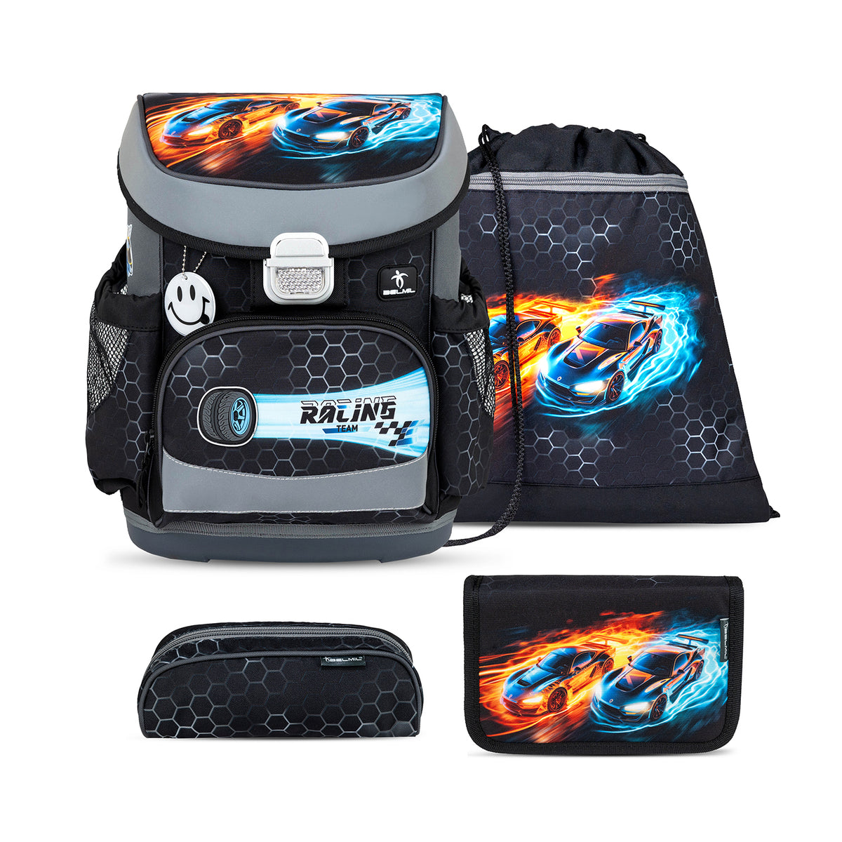Front view of the Ergonomic School Bag Set for Boys – Belmil Mini-Fit Race It (4 pcs) showcasing its vibrant racing design.