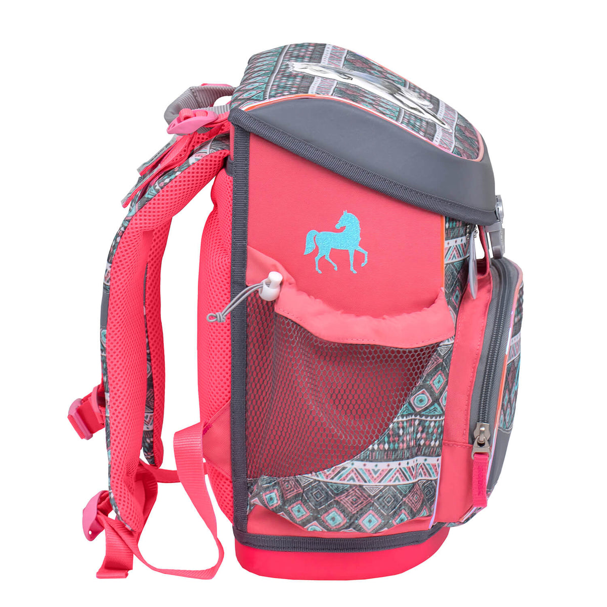 Belmil Mini-Fit Ergonomic School Bag Set “Horse Aruba Blue” Design + Unicorn Raincoat – 5-Piece Compact and Comfortable School Starter Set in vibrant turquoise and blue colors.